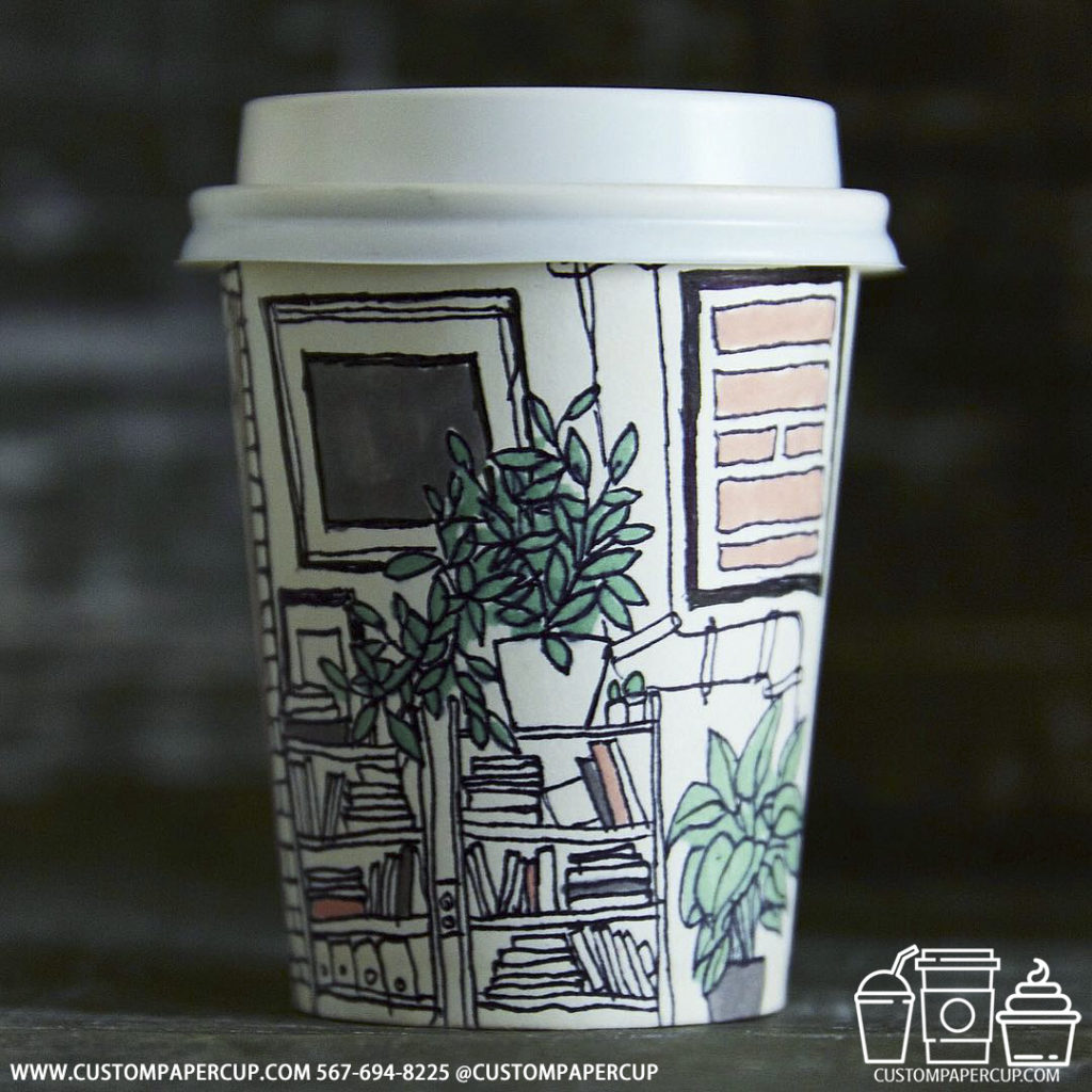 bookcase plants custom printed paper coffee cups