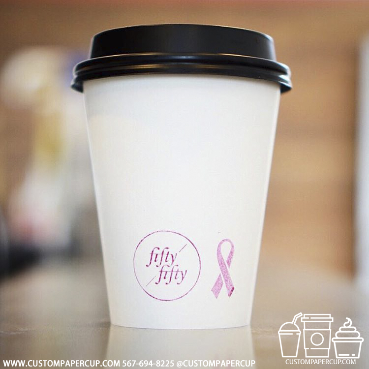 fiftyfifty pink cancer symbol logo custom printed coffee cup