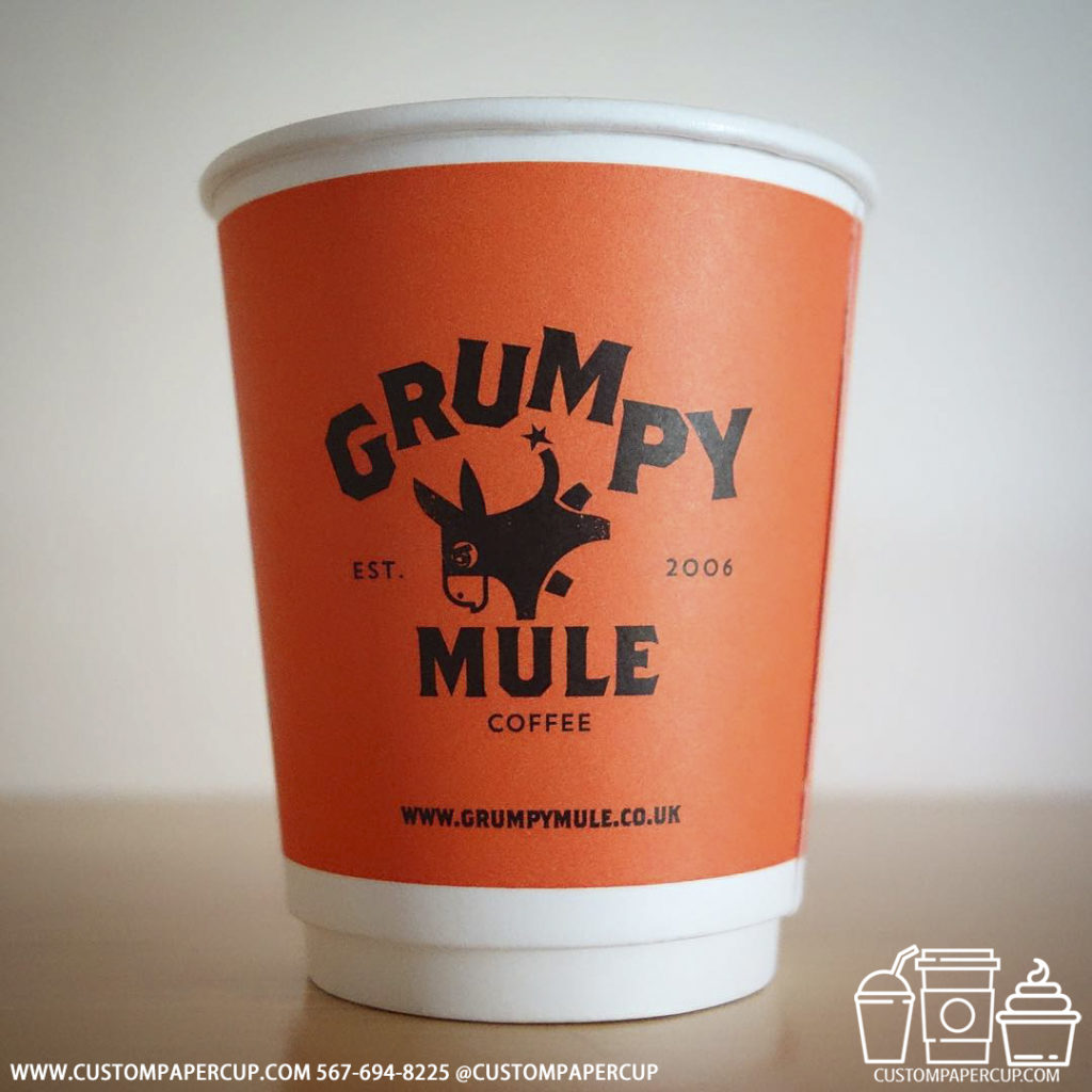 grumpymulecoffee orange custom printed paper coffee cups