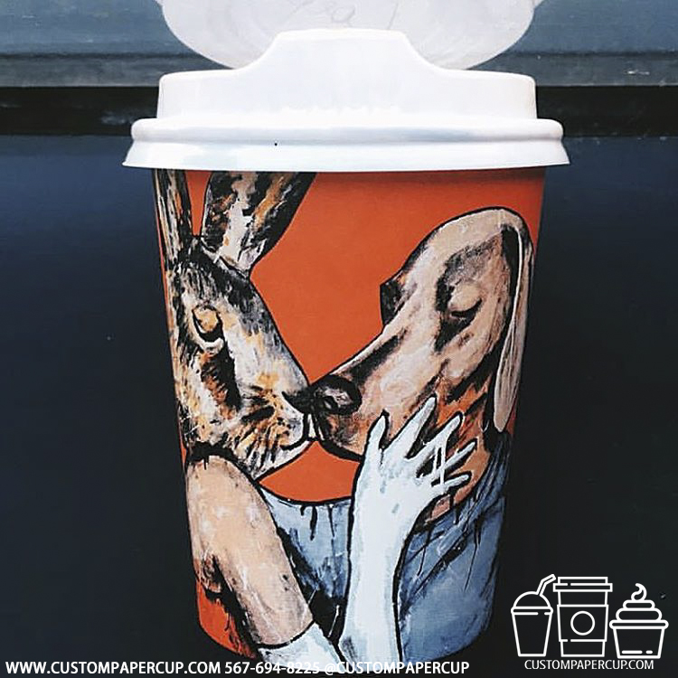 rabbit woman dog man kiss custom printed coffee cup
